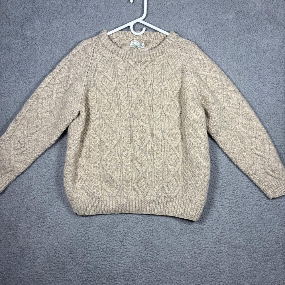An Irish Traditional Sweater Men L Beige Hand Knit Wool Aran Fisherman Cable VTG